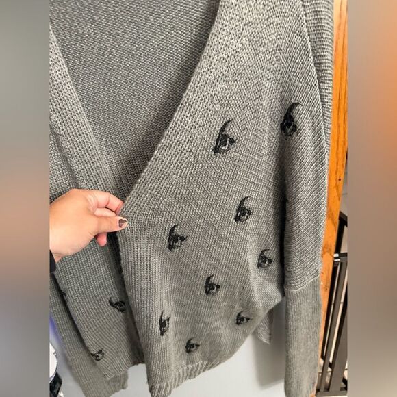 Wooden Ships Knits Wool Mohair Open Cardigan Skull Print Gray Size M/ L - Picture 2 of 8